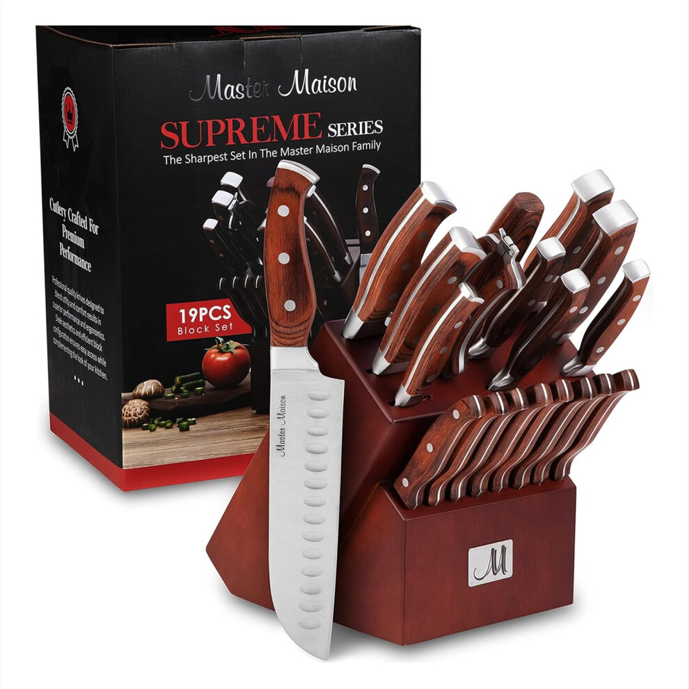 19-Piece Kitchen Knife Sets With Block - Best German Forged Stainless Steel Knife Sets for Kitchen with Wooden Block, Professional Use, Paring, Chef,