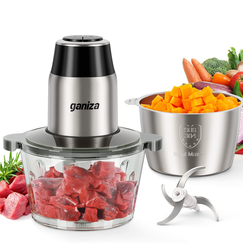 GANIZA Food Processors, Electric Food Chopper with Meat Grinder & Vegetable Chopper - 2 Bowls (8 Cup+8 Cup) with Powerful 450W Copper Motor - Includes