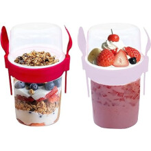4All 2Pcs Yogurt Pots With Spoon and fork Reuseable 650ml Food Container BPA Free On The Go Museli Cup Breakfast Pots Cereal Containers (Set of 2