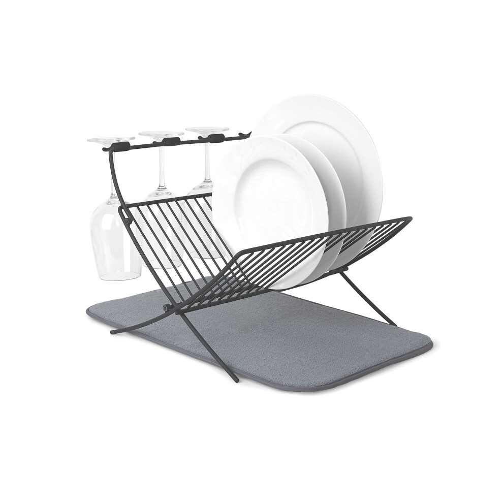 Umbra XDRY Drying Rack and Microfiber Dish Mat ? Space Saving Lightweight Design, Folds Up for Easy Storage, Charcoal, 18/8 Stainless Steel