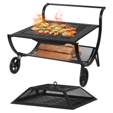 NEOCOZY Outdoor Fire Pit with Wheel, Wood Burning 31 Inch Square Firepit with Cover,Poker,BBQ Grill, Grate