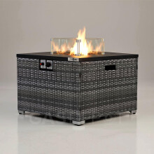 REALGLOW Warmpact Rattan Table Gas Fire Pit in Grey - 13KW Square Propane Gas Fire Pit w/Removable Glass Wind Guard, Lava Rock & Lid Cover - Coffee
