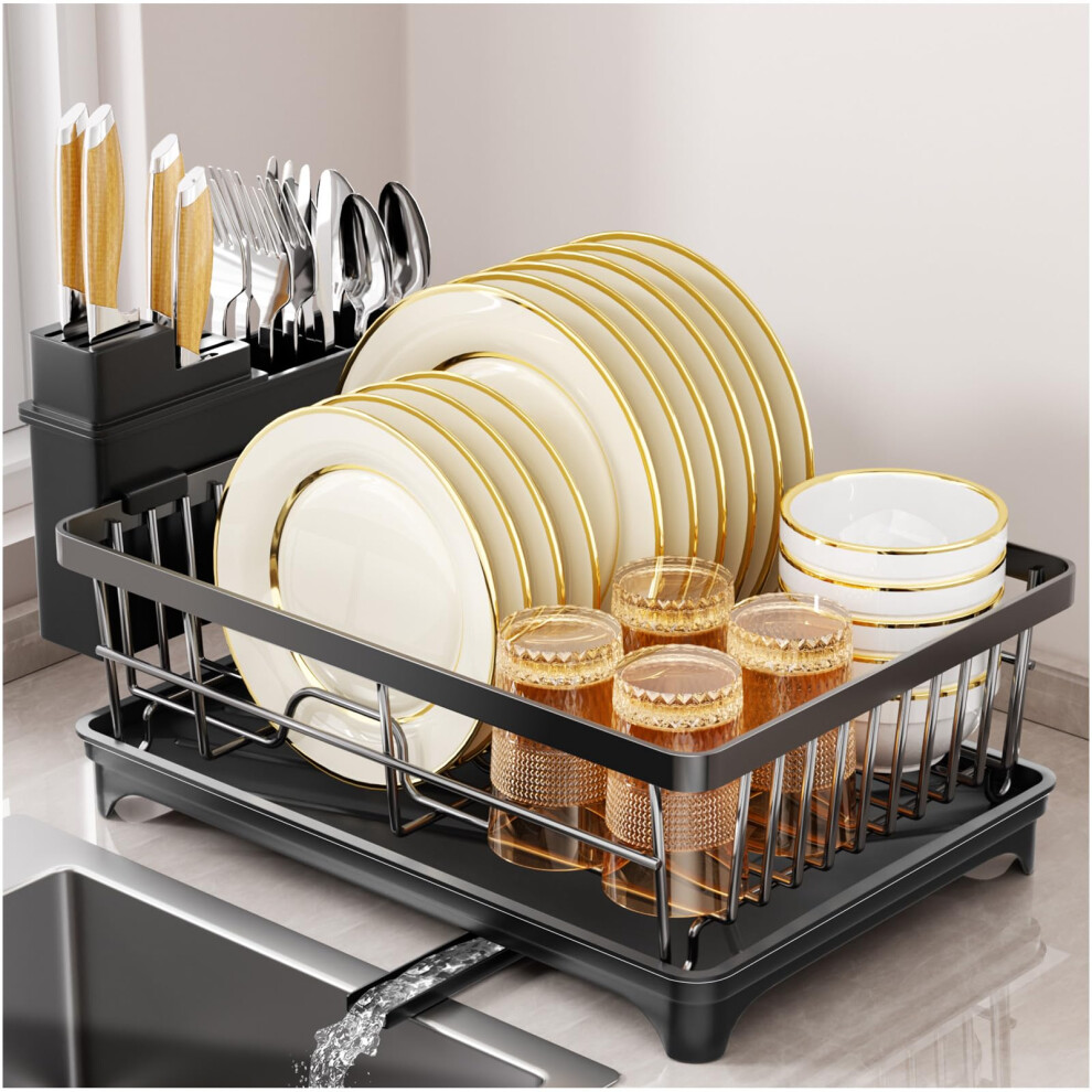 Savvystor Dish Drainer Rack - Space Saving Dish Rack For Kitchen Counter, Kitchen Dish Drainer With Utensil Holder, Drain Board, Black