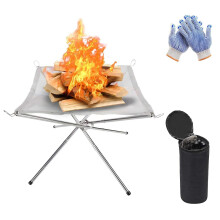 Portable Fire Pit for Camping, 42CM Foldable Stainless Steel Mesh Fire Pit Fireplace BBQ Fire Bowl with Heat Resistant Gloves&Carrying Bag, BBQ Fire