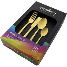 Grunwerg Windsor 16 Piece Cutlery Set, Gold, 18/10 Stainless Steel, PVD Coating, 4 x Table Knives, Table Forks, Dessert Spoons, Teaspoons