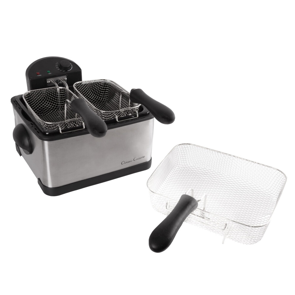 Electric Deep Fryer- 3 Fry Baskets 1 Large and 2 Small for Dual Use- at Home Stainless Steel Hot Oil Cooker by Classic Cuisine (4 Liter)
