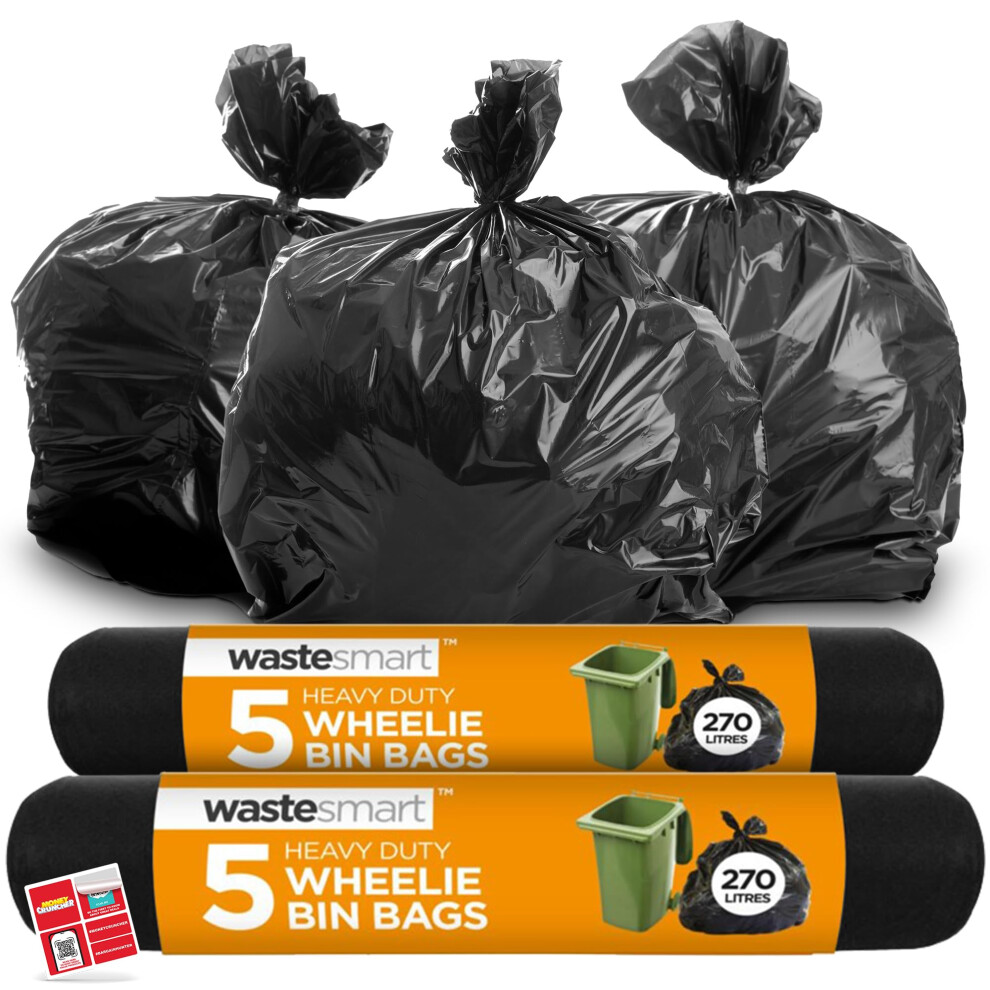 SOL 10pk Heavy Duty Wheelie Bin Bags, 270l Extra Strong Wheelie Bin Liners for Large Bins, Leak-Proof, Tear-Resistant & Durable Black Bin Bags