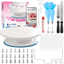 KITCHENHI 40 Pcs Cake Decorating Supplies Kit for Beginners,with 11 inch plastic Revolving Cake Turntable and Disposable Pastry Bags/with Numbered