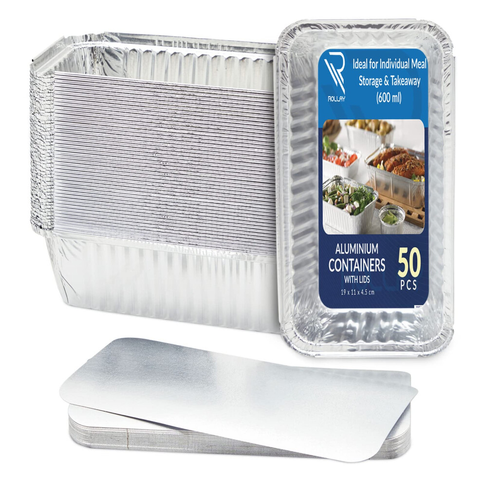 Rollay 50 Pack Aluminium Foil Food Containers with Lids 600ml - Tin Foil Trays with Lids for Food Storage, Baking, Roasting, Takeaway, and Party -