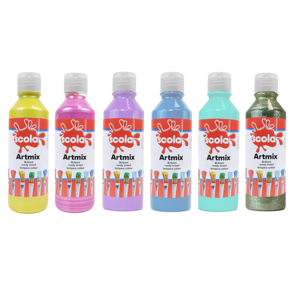 Scola Readymix Water Based Tempera Paint, 6 Assorted Unicorn Colours, 300Ml Bottles, Safe Non-Toxic Poster Paints, Washable, Craft Projects, Suitable