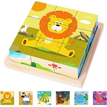 Japace Wooden Jigsaw Puzzles for Toddlers, 6 in 1 Animal Puzzle 3D Wooden Cube Block Toys Montessori Educational Games for Kids 1 2 3 4 Years Old