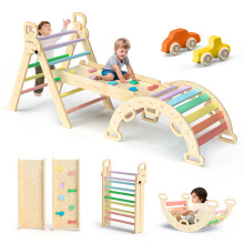 BlueWood Triangle Set 7in1 Foldable Baby Climbing Toys Wooden Montessori with Arch&Ramp&Ladder Climber Indoor Jungle Gyms for Toddlers - Rainbow