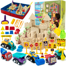 CROSOFMI Play Sand for Kids 2lbs Magic Sand with 6 Construction Vehicles 10 Road Signs and Foldable Sandbox and Moulds and Tools Toys for Boys Girls 3