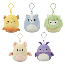 Squishmallows SQCR05530 3.5 Inch Clip-On 5 Pack-Blue Skunk, Cream Bat, Purple Beetle, Lime Greem Llama, Yellow Dumbo Octopus, Multicolour