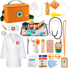 EFO SHM Doctors Set for Kids, Wooden 34-piece Kids Doctors Kit, with Real Stethoscope Portable Doctors Bag and Wooden Syringe, Role Play Toys for 3 4