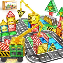Magnetic Tiles Road Building Blocks - Magnet Crane Car Set for Kids Montessori Preschool STEM Learning Construction Dinosaur Toddler Toys for 3 4 5 6