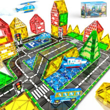Magnetic Tiles City Road Set Kids Toys for 3 Year Old Boys Girls Magnetic Building Blocks with Cars Toys Construction Educational Magnets Tiles Gifts