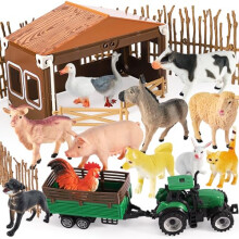 BUYGER Farm Animals Figures Set, Different Size with Tractor Trailer Vehicle Toy, Assemble Fence Farm House Barn Playset Gifts for 3 4 5 Year Olds