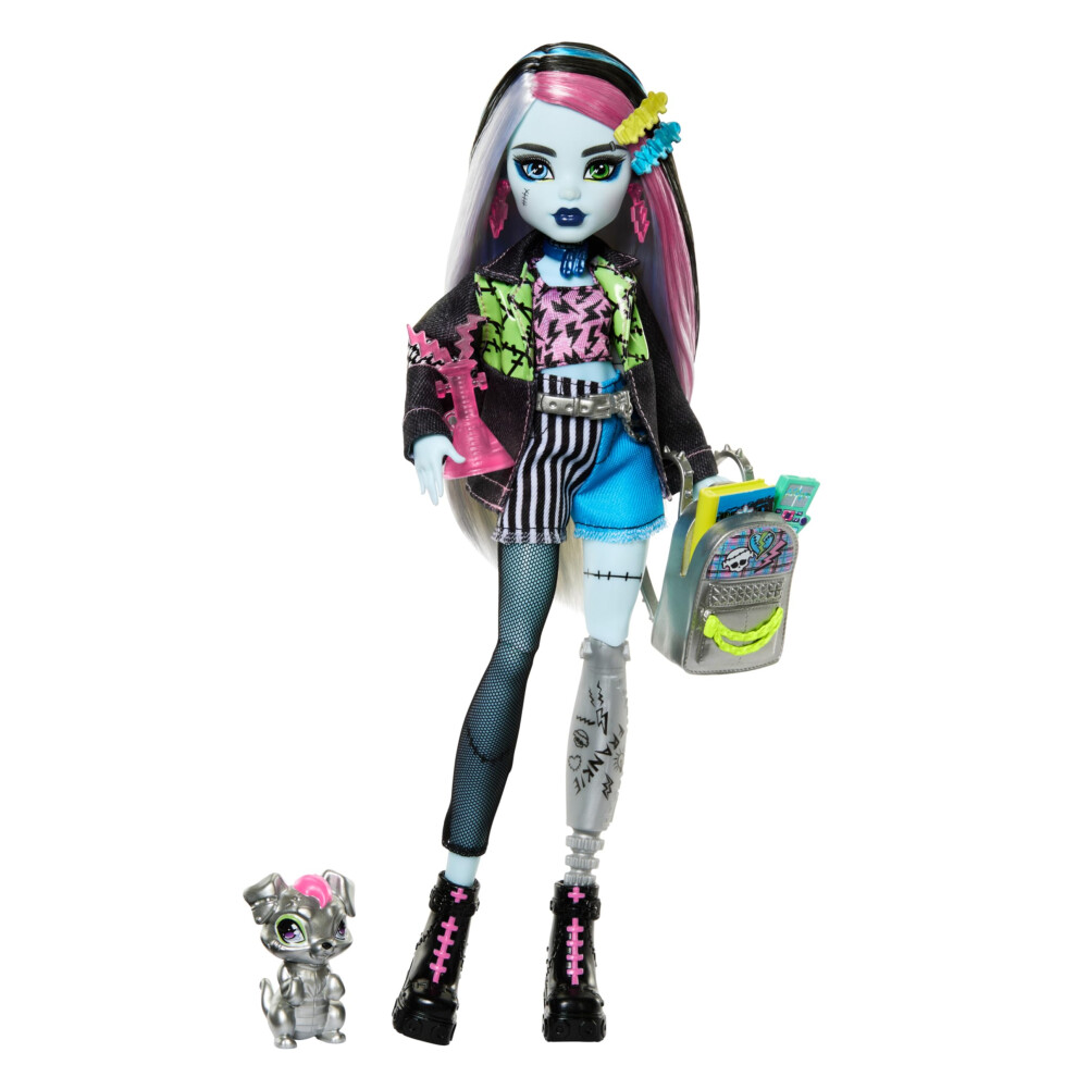 Monster High Frankie Stein Doll In Denim Jacket And Shorts, Includes Pet Dog Watzie And Accessories Like A Backpack, Snack And Notebook, Hxh73