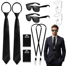 8PCS Agent Costume Accessories Set, Secret Security Guard Outfit Kit with Thin Frame Glasses Necktie Earpiece ID Badge for Teens Adults Christmas