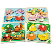 Funsland Wooden Puzzles Jigsaw for 1 Year Old, 4 Pcs Toddler Peg Puzzles Animal, Baby Montessori Wooden Toys, Infant Kid Fine Motor Skill Learning