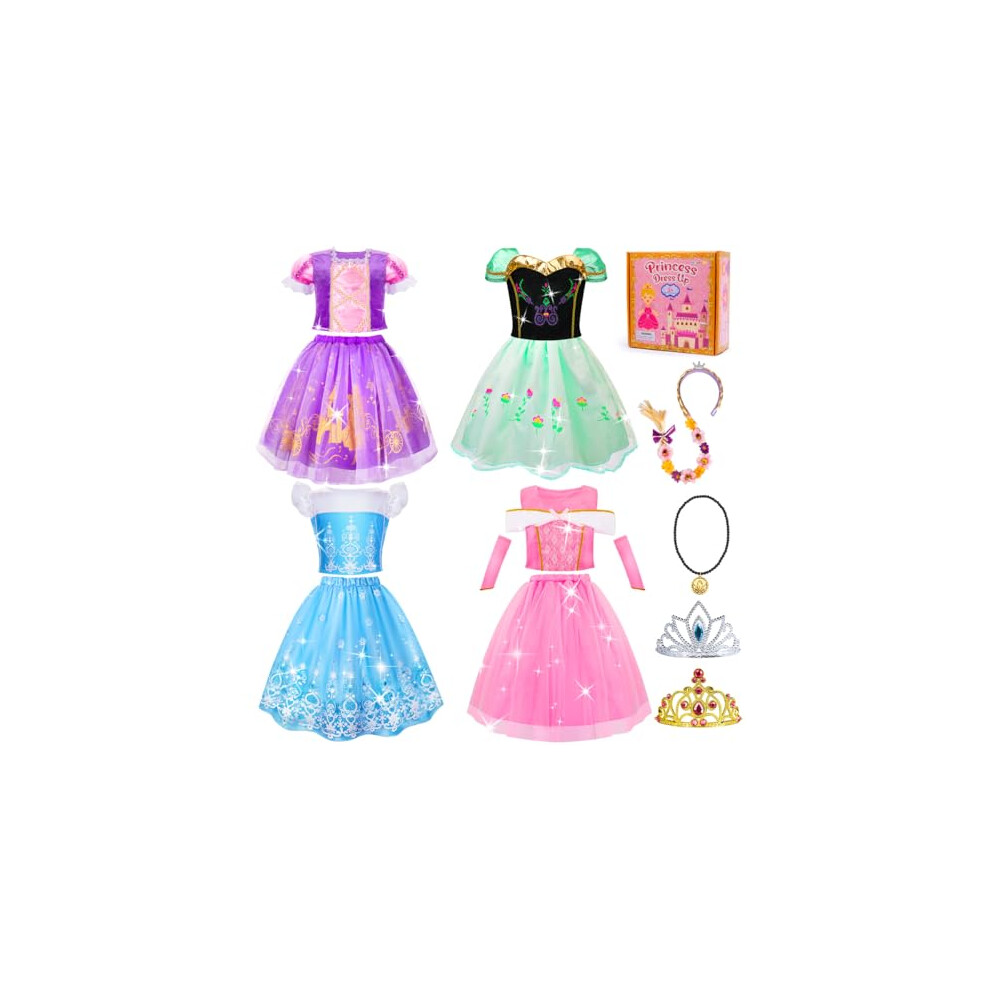 MELAND Princess Costume for Girls, 4 Set of Princess Dress up Clothes for 3 4 5 6 7 8 Years Old Girls Kids Toddle Halloween Fancy Dress