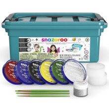 Snazaroo Face Paint Mini Starter Kit for Kids and Adults, 14 Pieces, 6 Colours, 1 Glitter Gel, Brushes, Sponges, Guide, Water Based, Easily Washable,