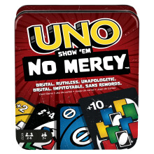 Mattel Games UNO Show ?em No Mercy Card Game in Storage & Travel Tin for Kids, Adults & Family Night with Extra Cards, Special Rules & Tougher