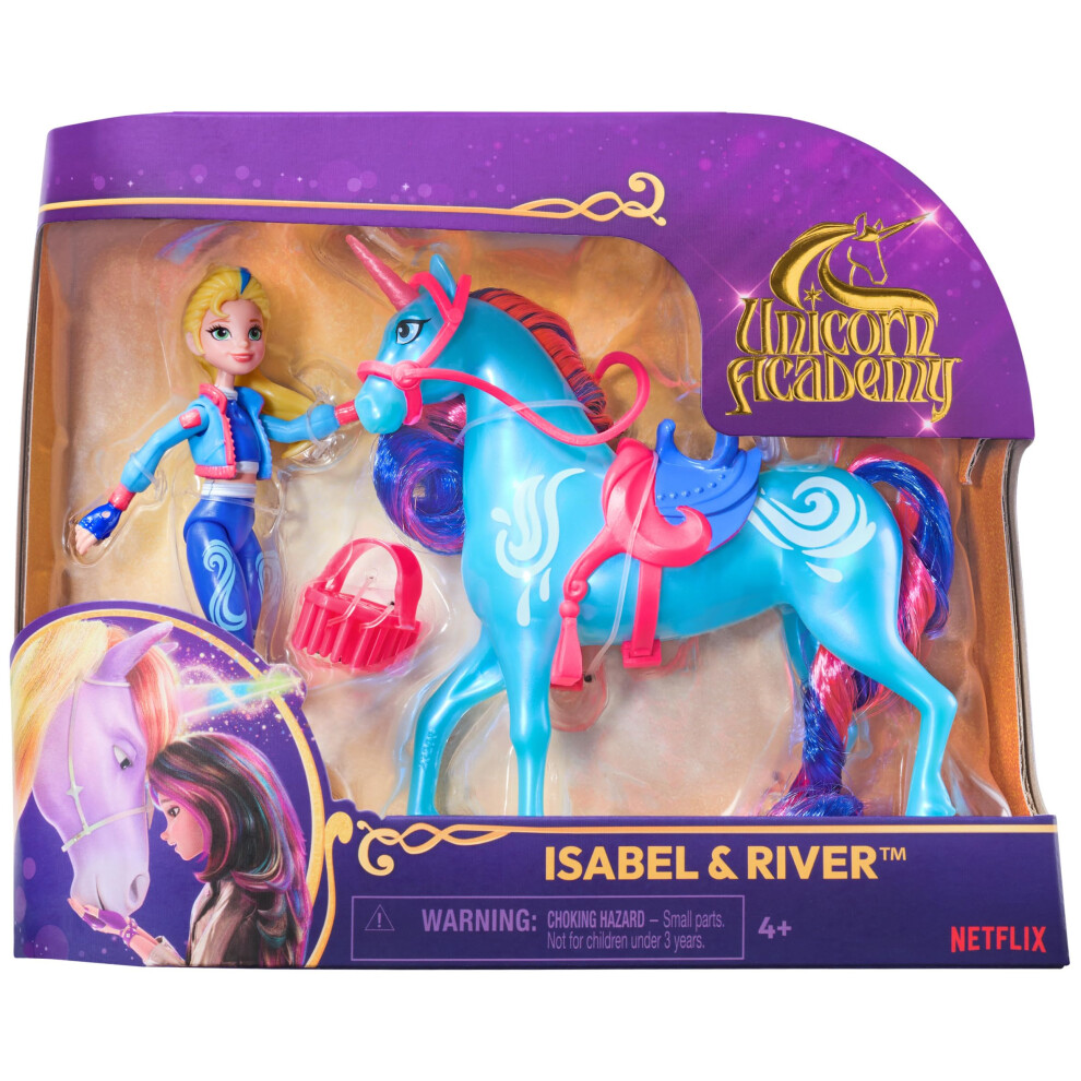 Photos - Doll Unicorn Academy, Isabel & River Set with 2 Riding Accessories and Hair Styling Tool,  and Unicorn Toys for Girls Aged 4