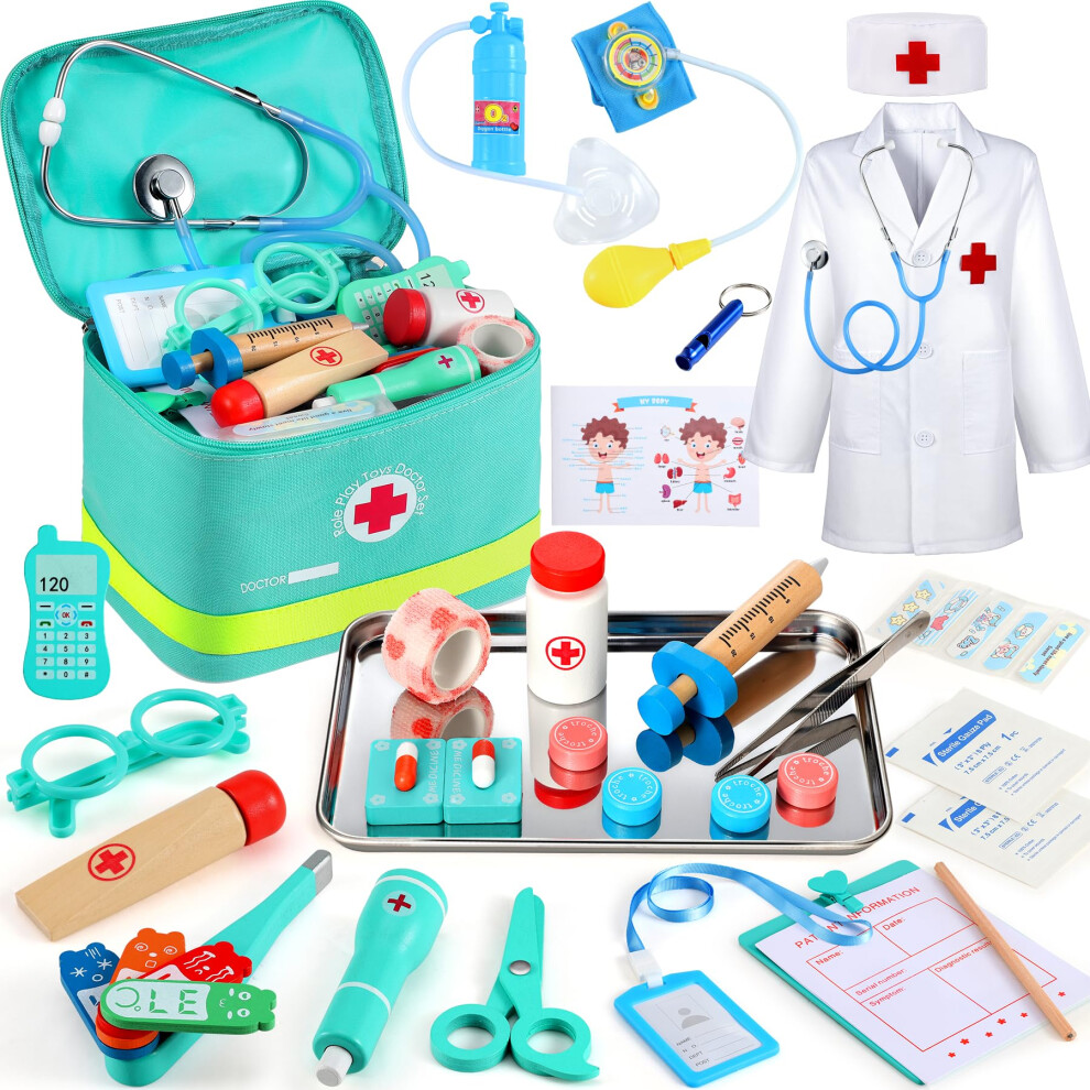 Perbabe Doctors Set For Kids -38Pcs Kids Doctors Set With Realistic Stethoscope Listen Heartbeats Wooden Toys Pretend Role Play Medical Kit With