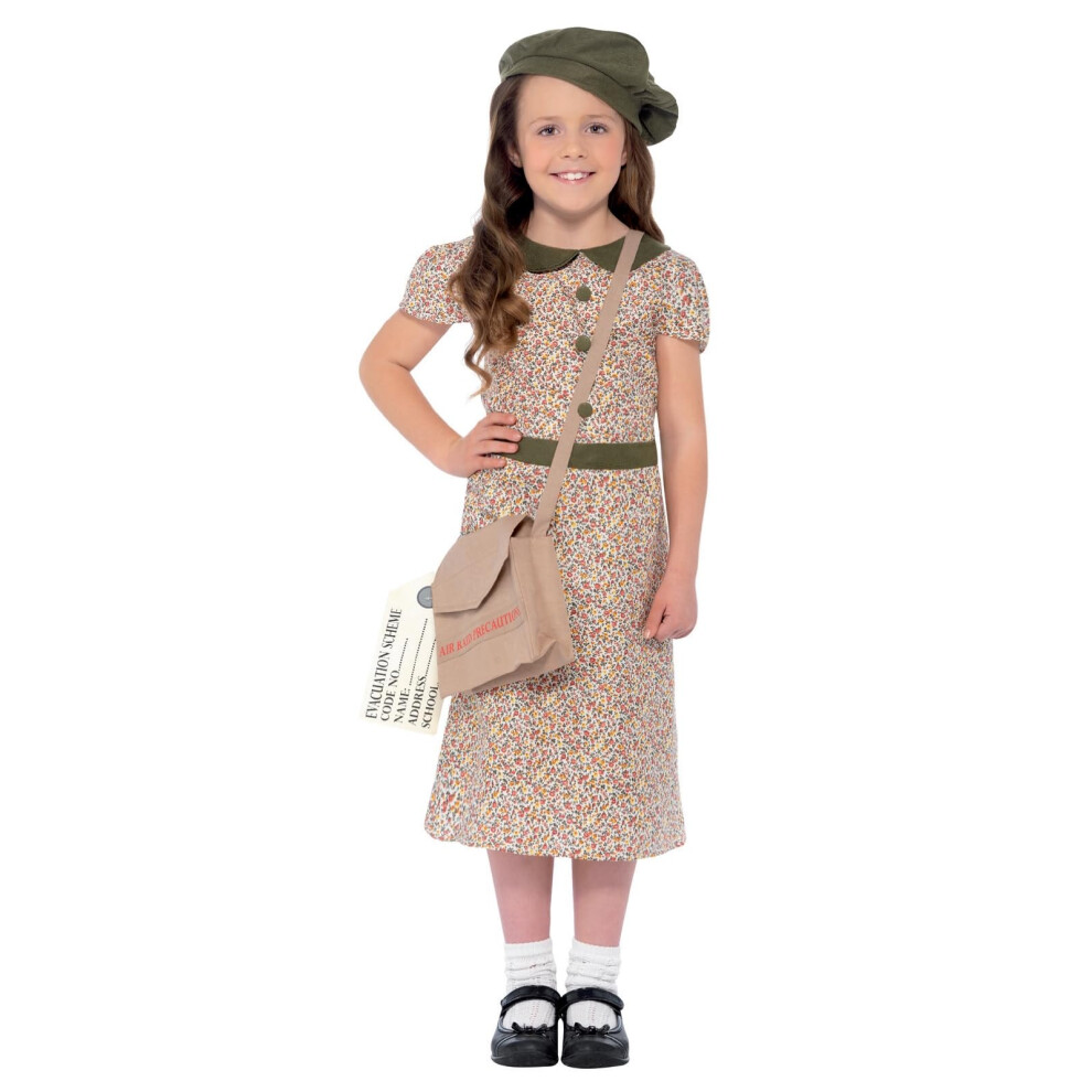 New Smiffy's Unisex Kids Evacuee Girl Costume, Patterned With Dress, Satchel, Id Tag & Beret, Girls Fancy Dress, 1940S Dress Up Costumes 27533L