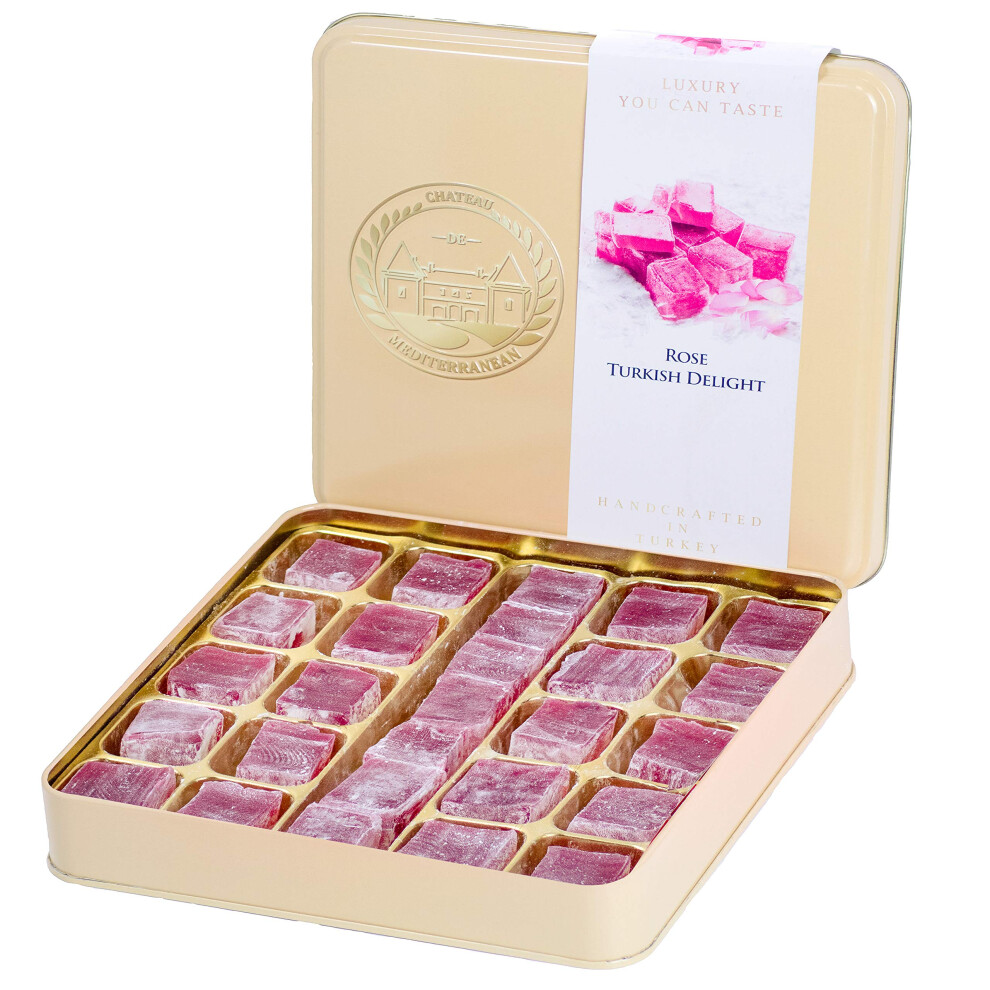 Chateau De Mediterranean Rose Turkish Delight Flavour Lokum, Dessert Gourmet Gift Box Tin, 500G, Approx 26 Pieces,