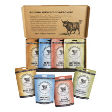 Raging Bull Biltong Taster Pack - 2 x 28g Bags of Original, Chilli and Teriyaki Beef Biltong - 2 x 50g of Original Droewors Sticks - High Protein