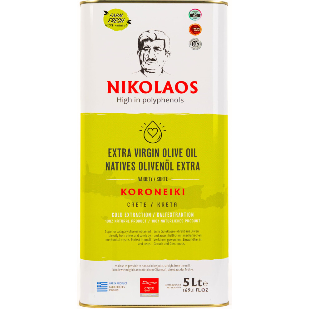 Nikolaos & Dimitrios Family Corporation Olive Oil 5L From Crete, Greece 'Nikolaos' ? Premium Quality - Low Acidity, Cold-Pressed, Extra Virgin, Rich In Polyphenols, Expiry Date: 08/2026.