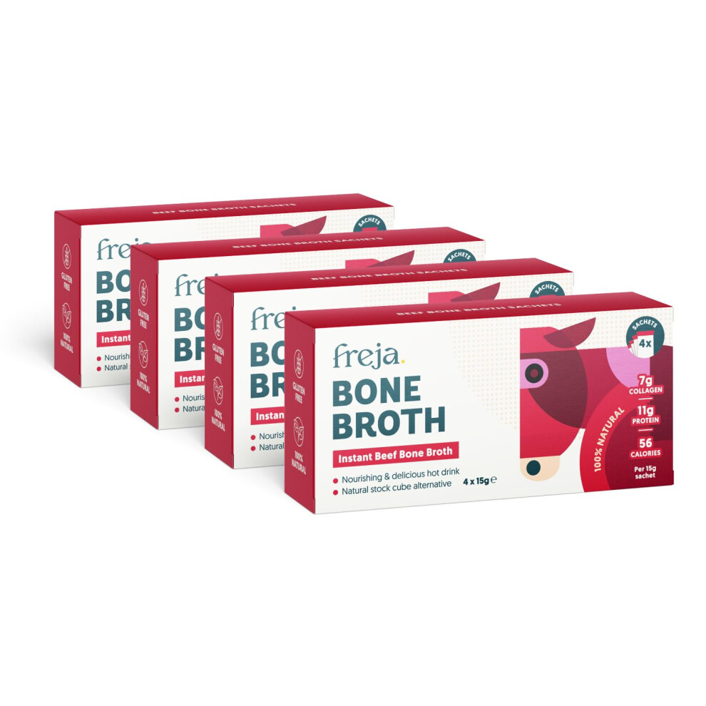 Freja Instant Beef Bone Broth | Beef | 100% Natural | Rich In Collagen, Protein & Amino Acids | Dairy & Gluten Free, 4 Boxes (4 X 15G Sachets Per Box)