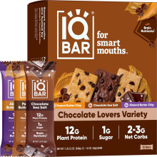 IQBAR Brain and Body Plant Protein Bars - Chocolate Lovers Variety - 12-Count Low Carb - Gluten Free, High Fiber, Vegan Snacks - Low Sugar Meal