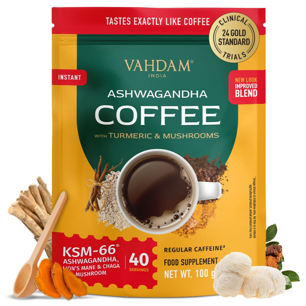 Vahdam , Instant Mushroom Coffee With Ksm 66 Ashwagandha (250Mg, 40 Servings), Turmeric, Lion's Mane And Chaga Mushroom | 100% Arabica Coffee |