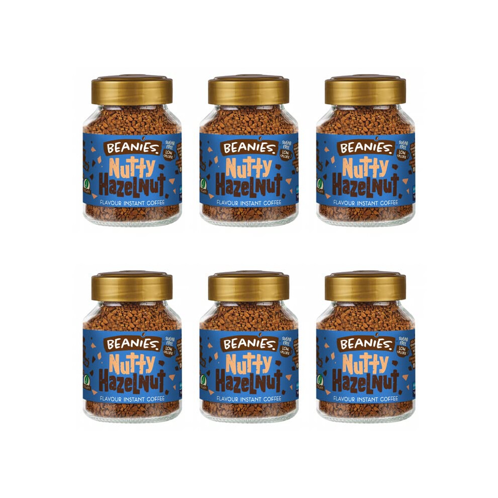 Beanies Flavour Co. 6X Beanies Nutty Hazelnut Flavoured Instant Coffee Jars: 50g per jar
