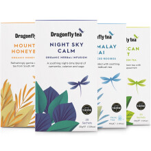 Dragonfly Tea Selection Box (4x20-80 Teabags) - Organic, Green & Herbal Tea Gift Set: Mountain Honeybush, Cape Malay Chai, Night Sky Calm, Moroccan