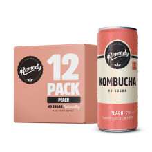 Remedy Kombucha Tea - Peach - Sparkling Live Cultured, Naturally Sugar Free Soft Drink - Prime Probiotic for Gut Health - 12 x 250ml