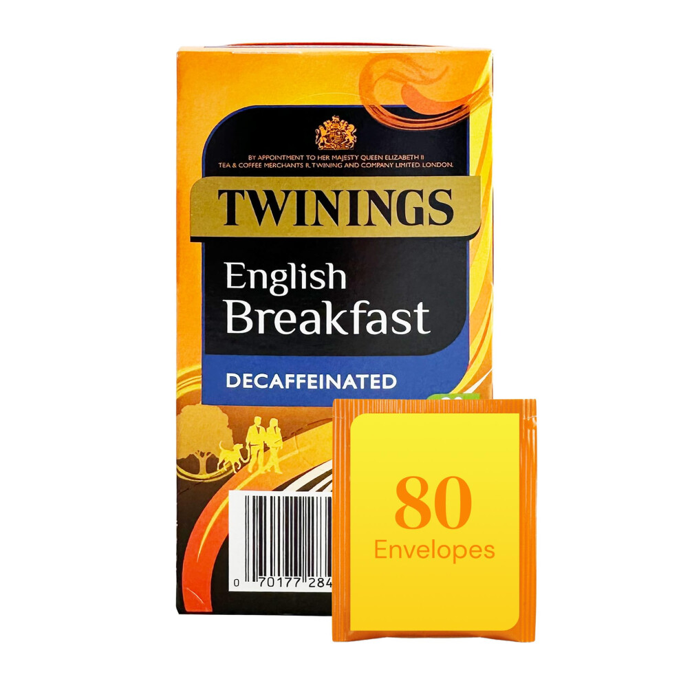Twinings English Breakfast Decaffeinated Tea Bags, 4 Boxes Of 20 Individually Wrapped Enveloped Tea Bags, 80 Count Black