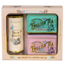 New English Teas Vintage Victorian Tea & Biscuits Gift Set with 80 Fine English Teabags, 2 Tea Caddies and Luxury Cornish Biscuits