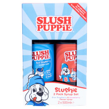 Slush Puppie Syrup Pack of 2 Flavours. Includes Iconic Blue Raspberry & Strawberry flavours. 2 x 500ml Bottles. Officially Licensed Slush Puppy