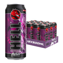 HELL Energy Drink Black Cherry Flavour | 12 x 500ml Cans Multipack | 32mg/100ml Caffeine | Contains Vitamins B2 B3 B5 B6 B12 | Preservative Free |