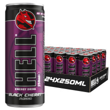 HELL Energy Drink Black Cherry Flavour | 24 x 250ml Cans Multipack | 32mg/100ml Caffeine | Contains Vitamins B2 B3 B5 B6 B12 | Preservative Free |