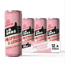 Lo Bros Kombucha - Raspberry & Lemon - 250ml per Can - Pack of 12 - 100% Natural, Low Calorie - Vegan, Gluten Free, Low Sugar, Live Cultures