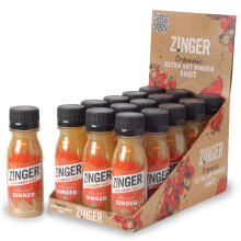 Zinger extra hot ginger shot (Pack of 15 x 70ml). Organic plant based shot with 27.9g of pressed ginger juice. Natural kick in a pocket-sized format