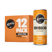Remedy Raw Kombucha Tea - Sparkling Live Cultured Drink - Sugar Free Ginger Lemon - 250ml Can (12 Pack)