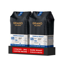Grano Milano Coffee Beans 2kg (2 x 1kg Bags) French Roast Robusta Blend, Dark Roast, Intensity 10/10 Extra Strong Coffee, Made in Italy