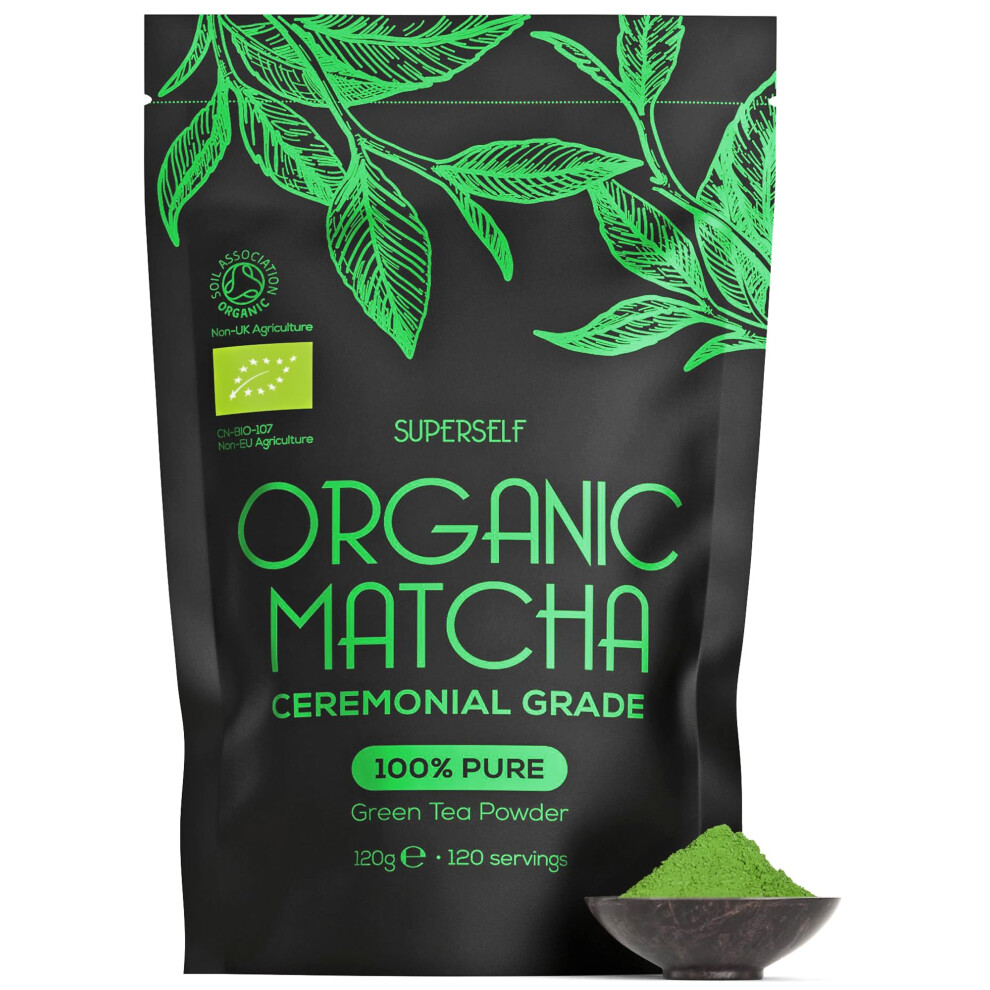 Superself Organic Matcha Powder - Ceremonial Grade & 100% Pure - Large 120G - Smooth Taste & Vibrant - Macha For Straight Tea, Lattes & Baking Green
